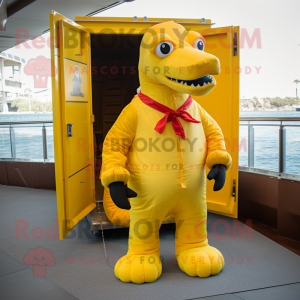 Yellow Loch Ness Monster mascot costume character dressed with a Cargo Shorts and Bow ties