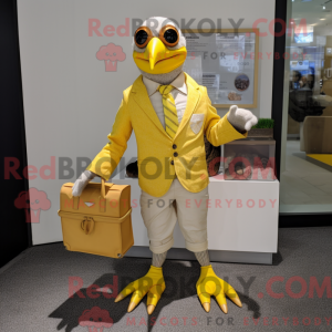 Maskotfigur af en citrongul...