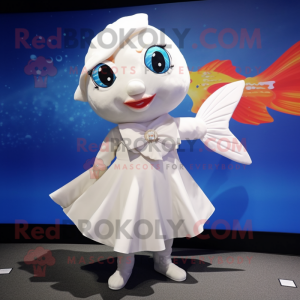 White Goldfish mascot costume character dressed with a Wrap Skirt and Keychains