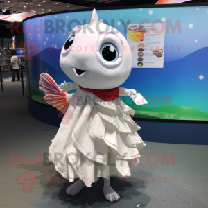 White Goldfish mascot costume character dressed with a Wrap Skirt and Keychains