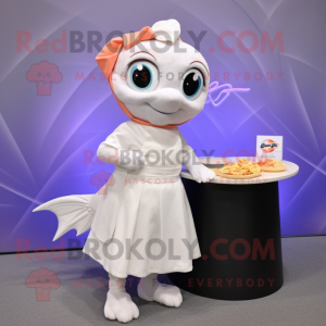 White Goldfish mascot costume character dressed with a Wrap Skirt and Keychains