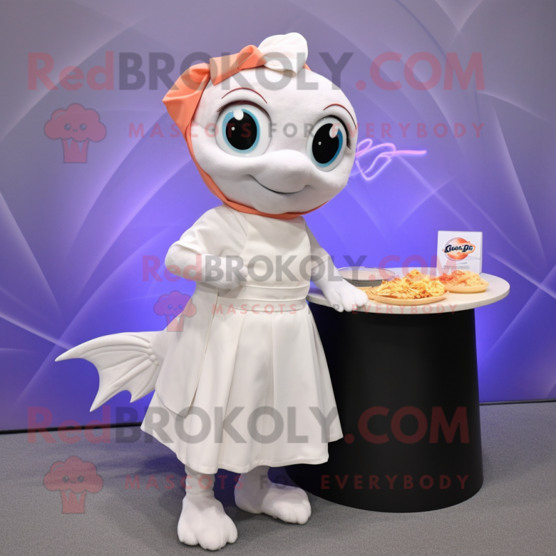White Goldfish mascot costume character dressed with a Wrap Skirt and Keychains White Goldfish mascot costume character dressed with a Wrap Skirt and Keychains