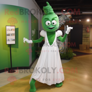 Forest Green Contortionist mascot costume character dressed with a Wedding Dress and Tie pins