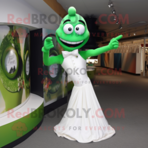 Forest Green Contortionist mascot costume character dressed with a Wedding Dress and Tie pins