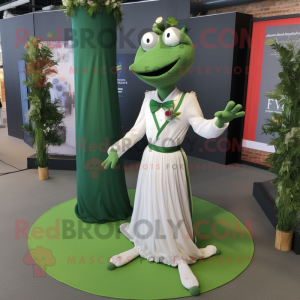Forest Green Contortionist mascot costume character dressed with a Wedding Dress and Tie pins