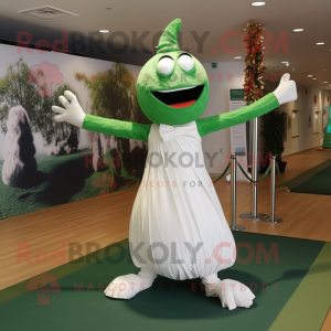 Forest Green Contortionist mascot costume character dressed with a Wedding Dress and Tie pins