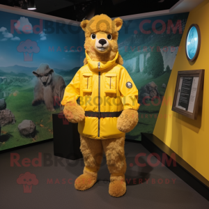 Yellow Alpaca mascot costume character dressed with a Windbreaker and Belts