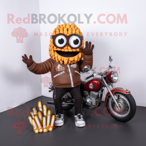 Brown French Fries mascot costume character dressed with a Biker Jacket and Coin purses