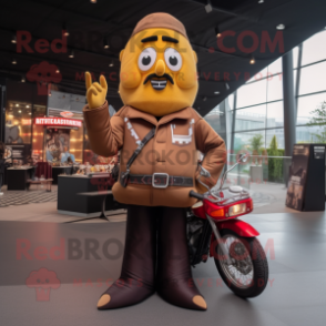 Brown French Fries mascot costume character dressed with a Biker Jacket and Coin purses