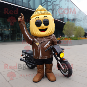 Brown French Fries mascot costume character dressed with a Biker Jacket and Coin purses