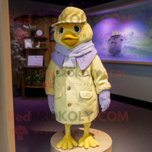 Lavender Canary mascot costume character dressed with a Parka and Hat pins