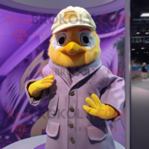 Lavender Canary mascot costume character dressed with a Parka and Hat pins