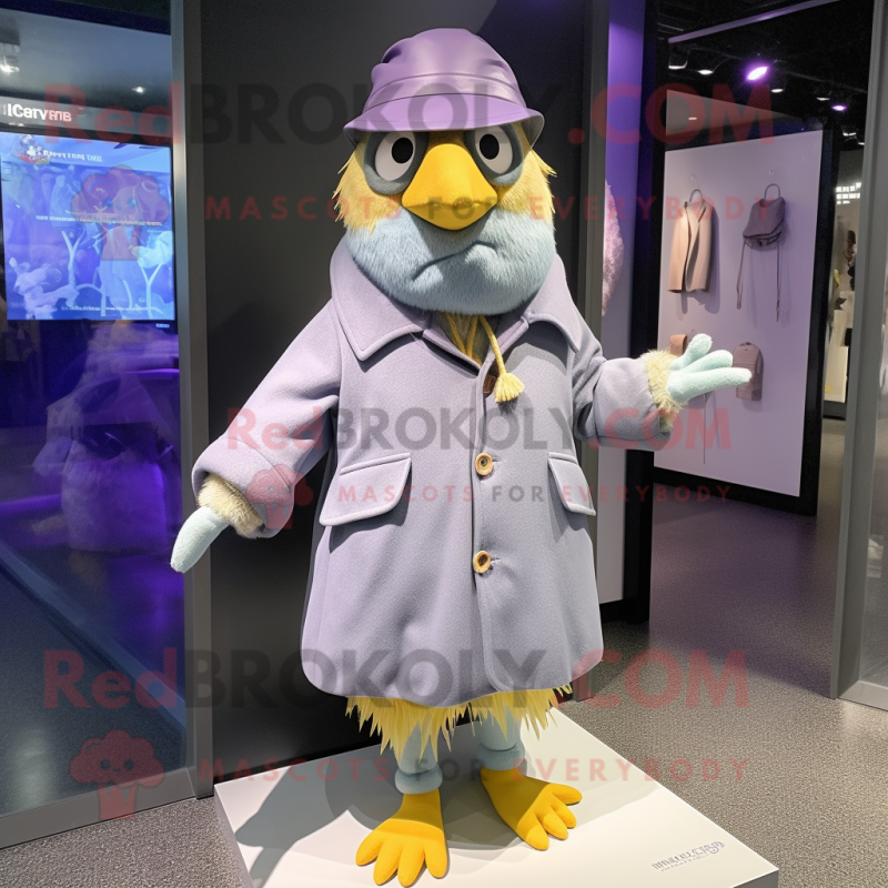 Lavender Canary mascot costume character dressed with a Parka and Hat pins Lavender Canary mascot costume character dressed with a Parka and Hat pins