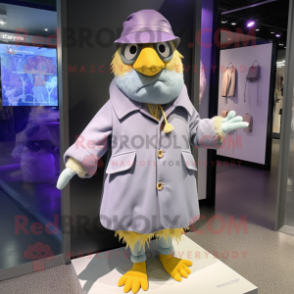 Lavender Canary mascot costume character dressed with a Parka and Hat pins