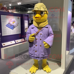 Lavender Canary mascot costume character dressed with a Parka and Hat pins