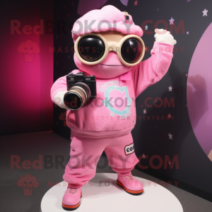 Pink Camera mascot costume character dressed with a Sweatshirt and Sunglasses