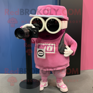Pink Camera mascot costume character dressed with a Sweatshirt and Sunglasses