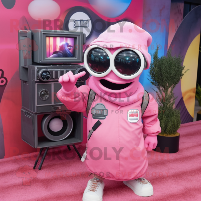 Pink Camera mascot costume character dressed with a Sweatshirt and Sunglasses