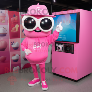 Pink Camera mascot costume character dressed with a Sweatshirt and Sunglasses