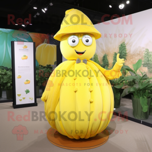 Yellow Melon mascot costume character dressed with a Evening Gown and Berets