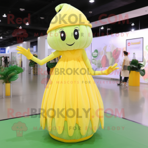 Yellow Melon mascot costume character dressed with a Evening Gown and Berets