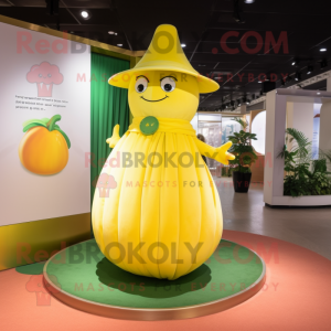 Yellow Melon mascot costume character dressed with a Evening Gown and Berets