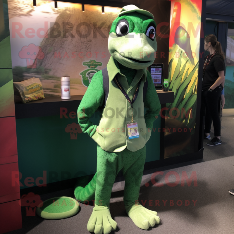 Green Python mascot costume character dressed with a Henley Shirt and Ties