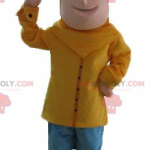 Mascot boy vestido de amarillo con un sombrero rosa -