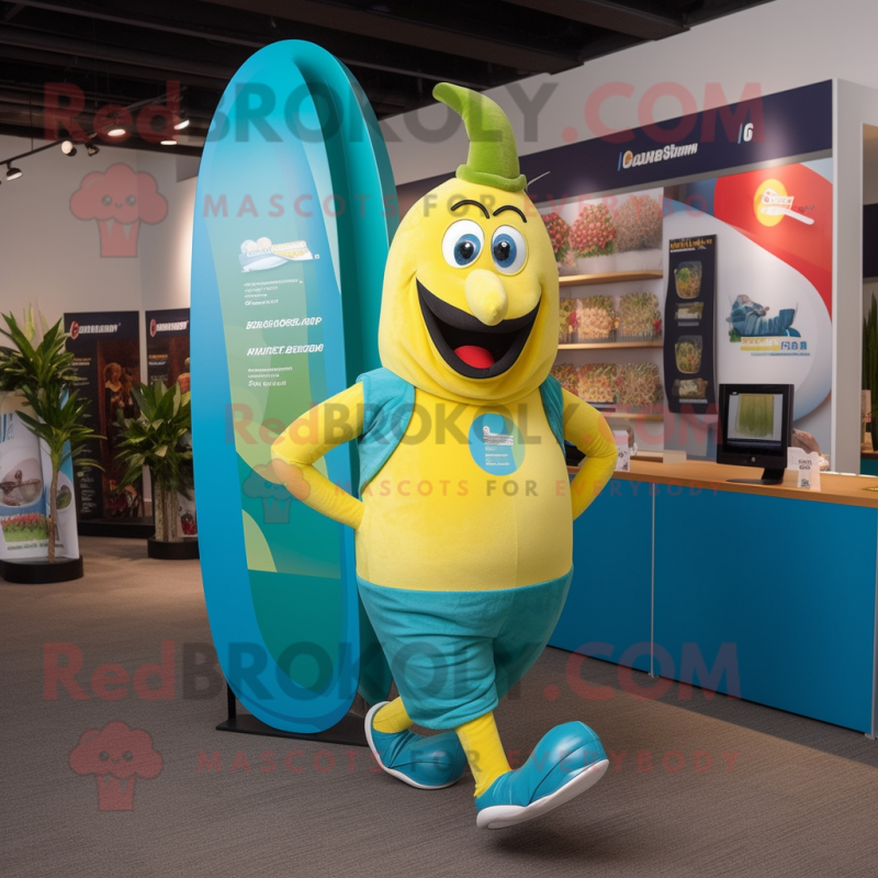 Teal Banana mascot costume character dressed with a Running Shorts and Messenger bags