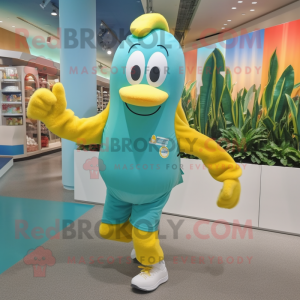 Teal Banana mascot costume character dressed with a Running Shorts and Messenger bags