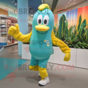 Teal Banana mascot costume character dressed with a Running Shorts and Messenger bags