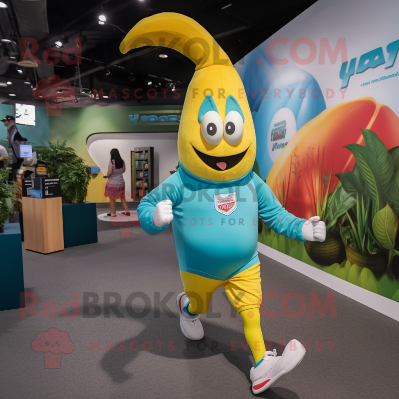 Teal Banana mascot costume character dressed with a Running Shorts and Messenger bags