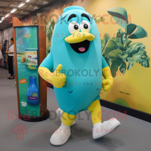 Teal Banana mascot costume character dressed with a Running Shorts and Messenger bags