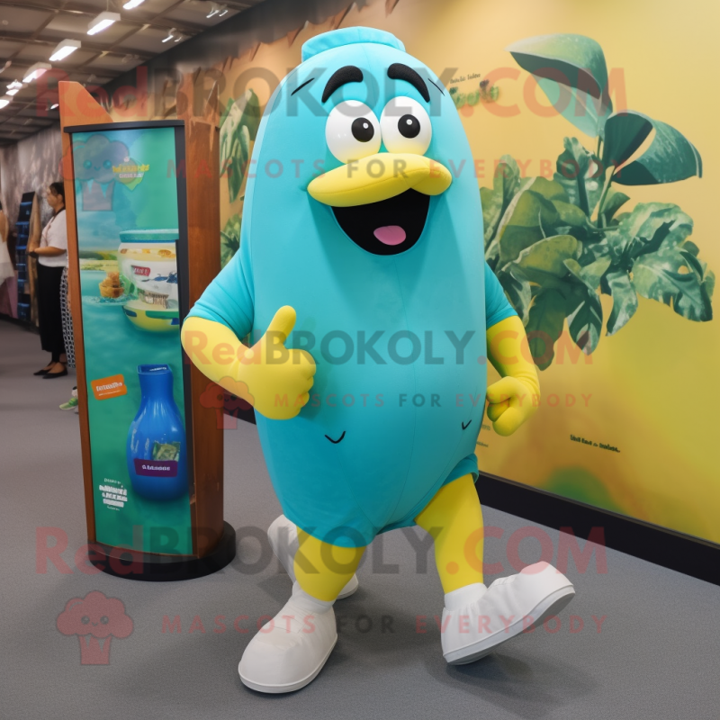 Teal Banana mascot costume character dressed with a Running Shorts and Messenger bags Teal Banana mascot costume character dressed with a Running Shorts and Messenger bags