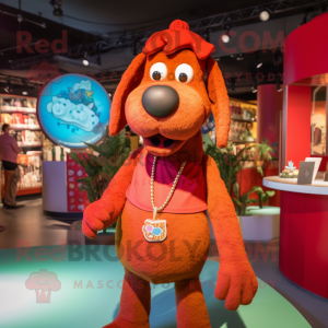 Red Dog mascot costume character dressed with a Playsuit and Necklaces
