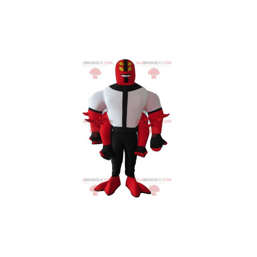 Criatura mascote vermelha, branca e preta 4 braços -