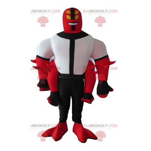 Mascot criatura rojo blanco y negro 4 brazos - Redbrokoly.com