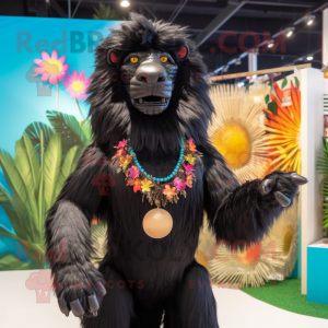 Black Lion mascot costume character dressed with a Bikini and Necklaces