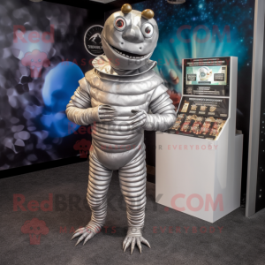 Silver Trilobite mascot costume character dressed with a Turtleneck and Coin purses
