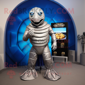 Silver Trilobite mascot costume character dressed with a Turtleneck and Coin purses