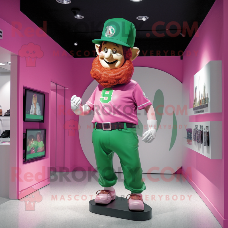 Pink Leprechaun mascot costume character dressed with a Bermuda Shorts and Caps Pink Leprechaun mascot costume character dressed with a Bermuda Shorts and Caps