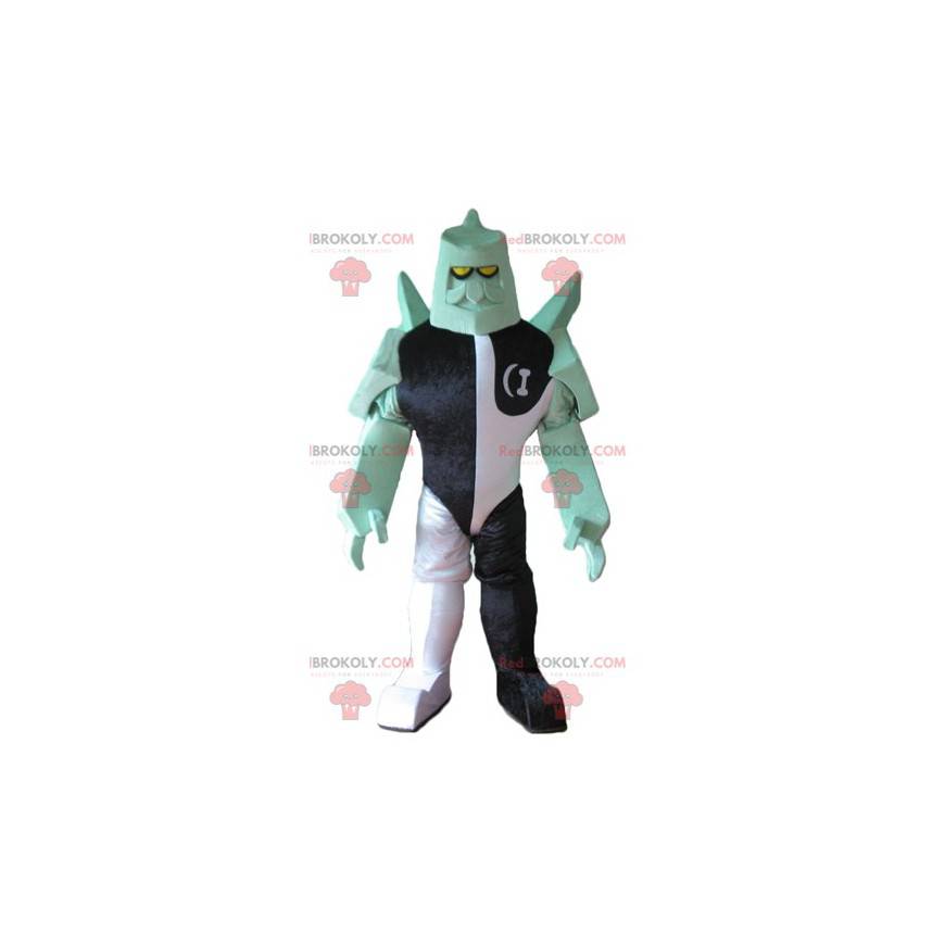 Mascote robô de personagem de fantasia preto branco e verde -
