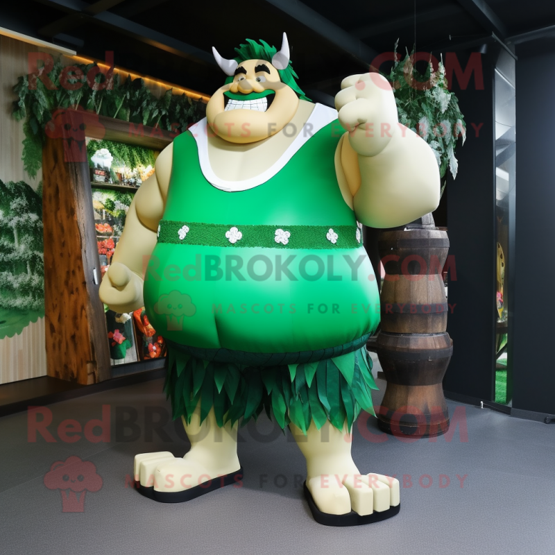 Forest Green Strongman mascot costume character dressed with a Cocktail Dress and Anklets Forest Green Strongman mascot costume character dressed with a Cocktail Dress and Anklets