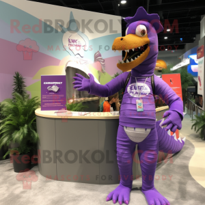 Purple Spinosaurus mascot costume character dressed with a Swimwear and Messenger bags