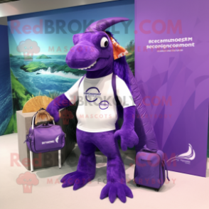 Purple Spinosaurus mascot costume character dressed with a Swimwear and Messenger bags