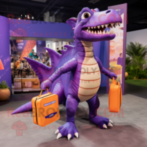 Purple Spinosaurus mascot costume character dressed with a Swimwear and Messenger bags