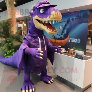 Purple Spinosaurus mascot costume character dressed with a Swimwear and Messenger bags