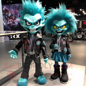 Teal Vampire mascot costume character dressed with a Moto Jacket and Hair clips
