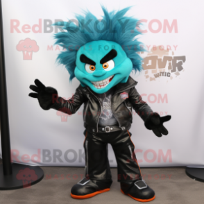 Teal Vampire mascot costume character dressed with a Moto Jacket and Hair clips