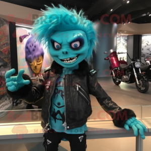 Teal Vampire mascot costume character dressed with a Moto Jacket and Hair clips